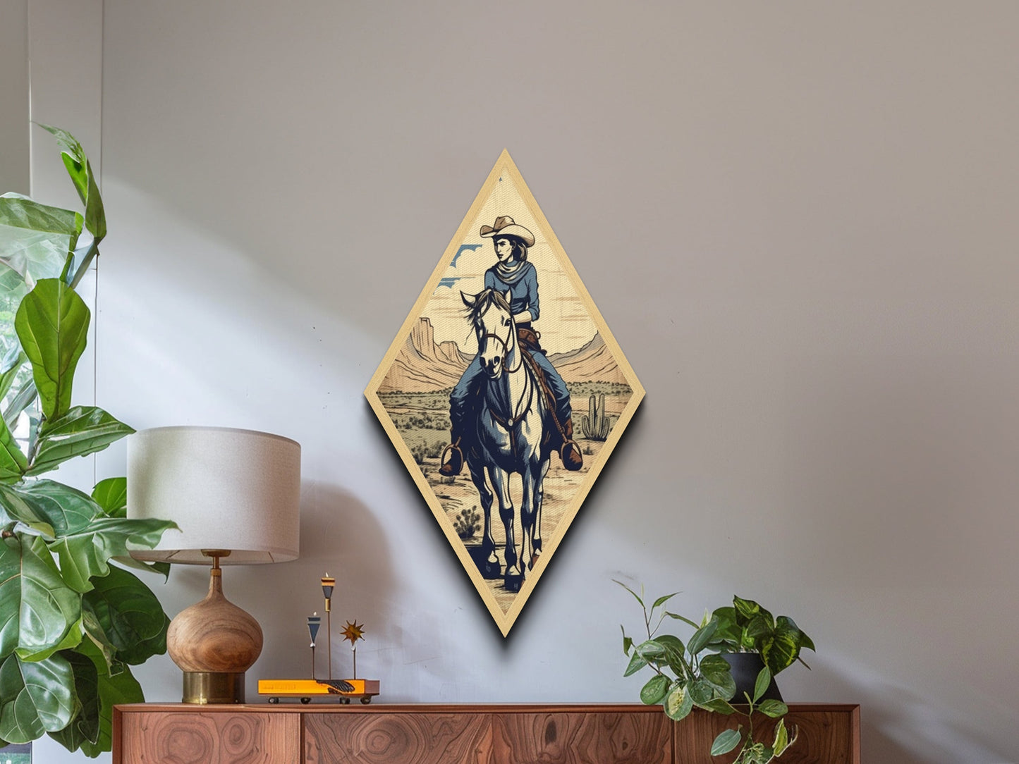 Cactus Cowgirl Ride Diamond Shaped Vintage Western Scene Canvas Textured Print Southwestern Wall Art Country Equestrian Gift