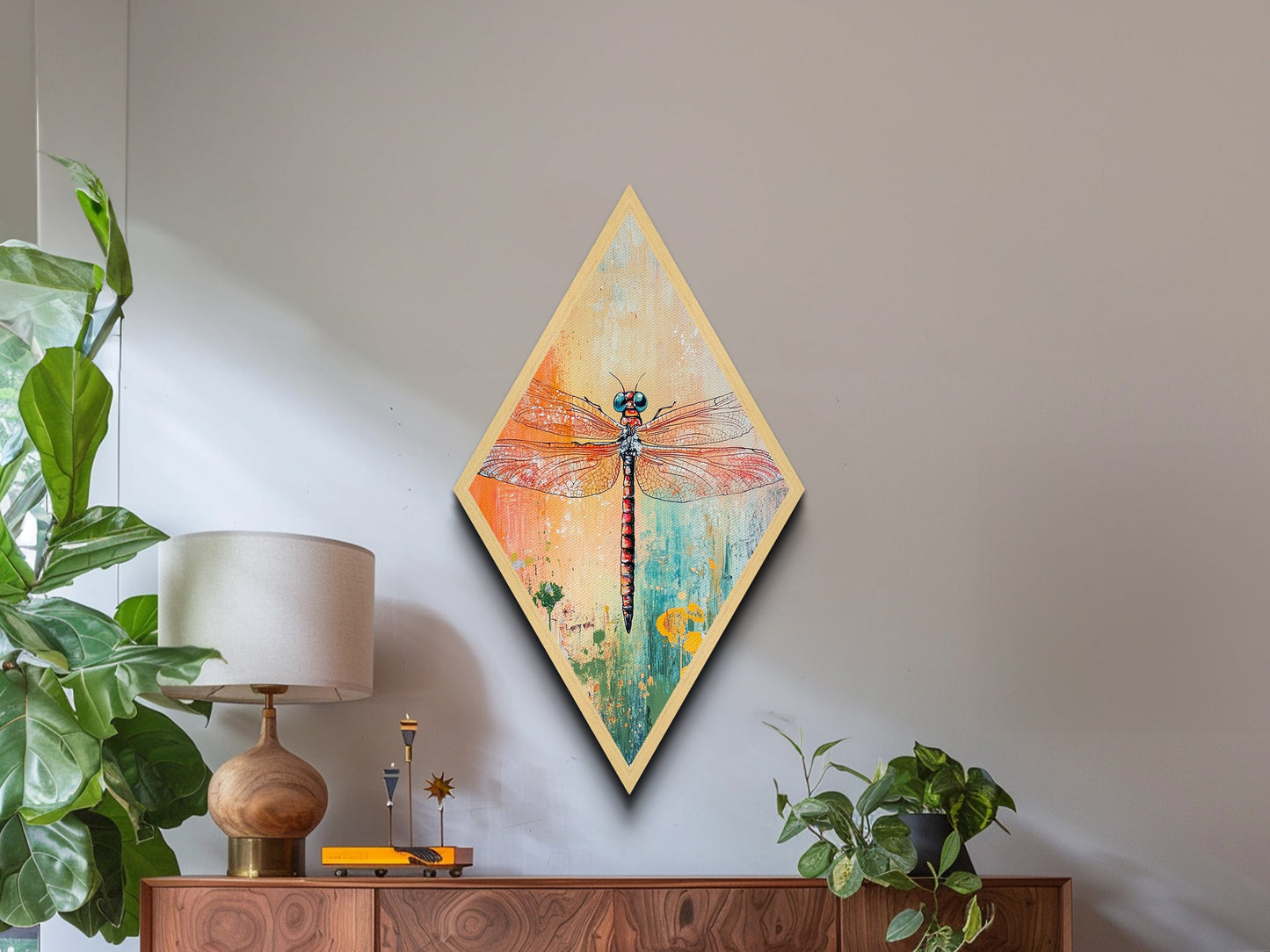 Colorful Dragonfly Closeup Diamond Shaped Canvas Textured Print, Boho Insect Wall Art, Nature Illustration, Bug Lover Gift Idea