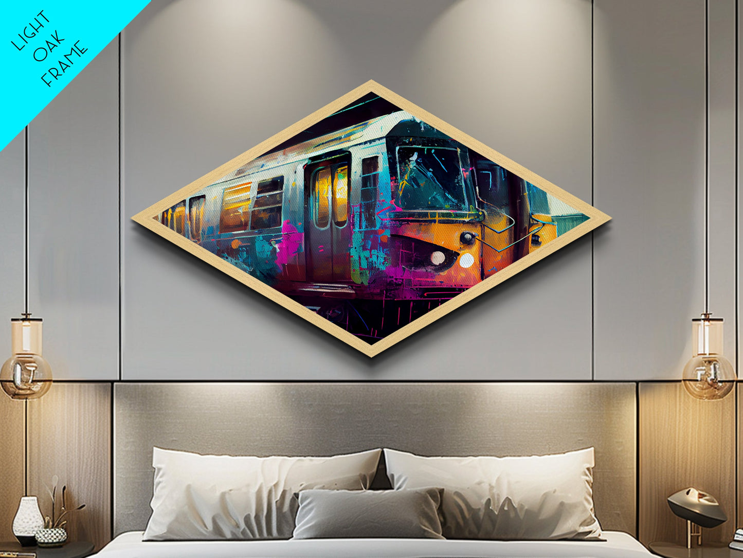 Color Splashed Metro – Diamond Shaped Street Art Subway Canvas Embossed Print, Vibrant Urban Train Graffiti Home Accent