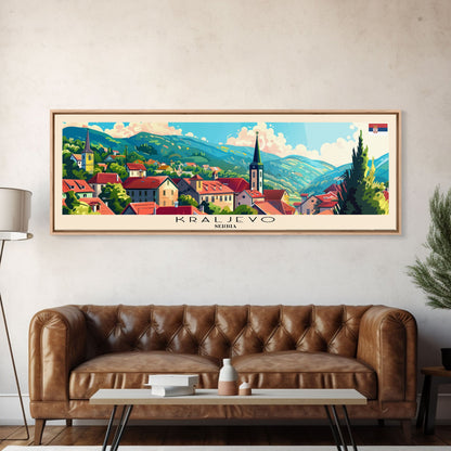 Kraljevo Serbia Panoramic Travel Poster, Framed Canvas Print or Metal Wall Art, Travel Art, Home Decor, Panoramic Painting, Midcentury Art