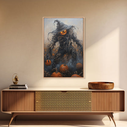 Haunting Scarecrow Holding Pumpkin in Misty Field | Halloween Wall Art | Spooky Home Decor | Creepy Scarecrow Painting | Framed Canvas Print