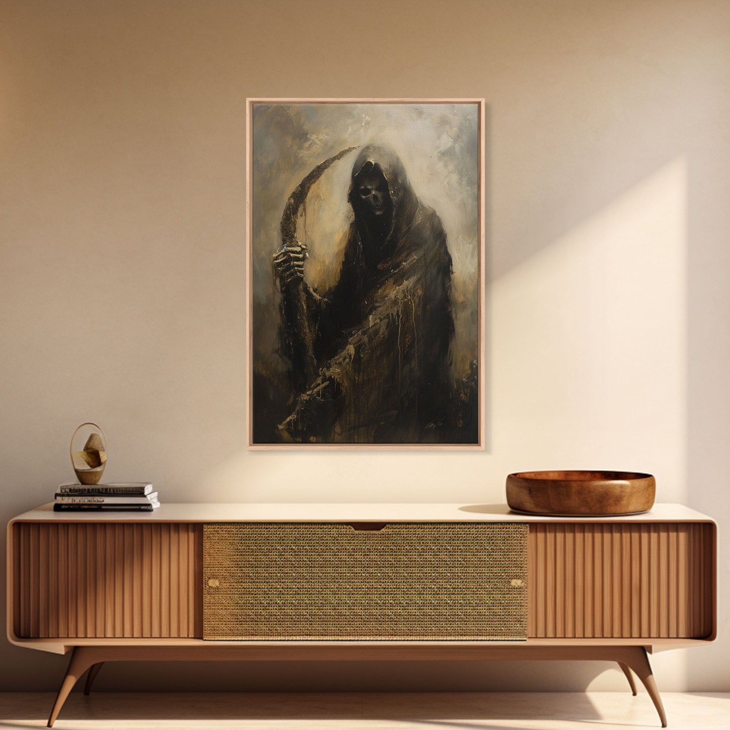 Haunting Grim Reaper with Scythe - Dark Halloween Nightmare Gothic Art Framed Canvas Print, Spooky Wall Decor