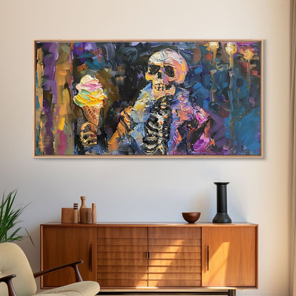 Halloween Art, Skeleton Having an Ice Cream Cone, Framed Canvas Print, Halloween Decor