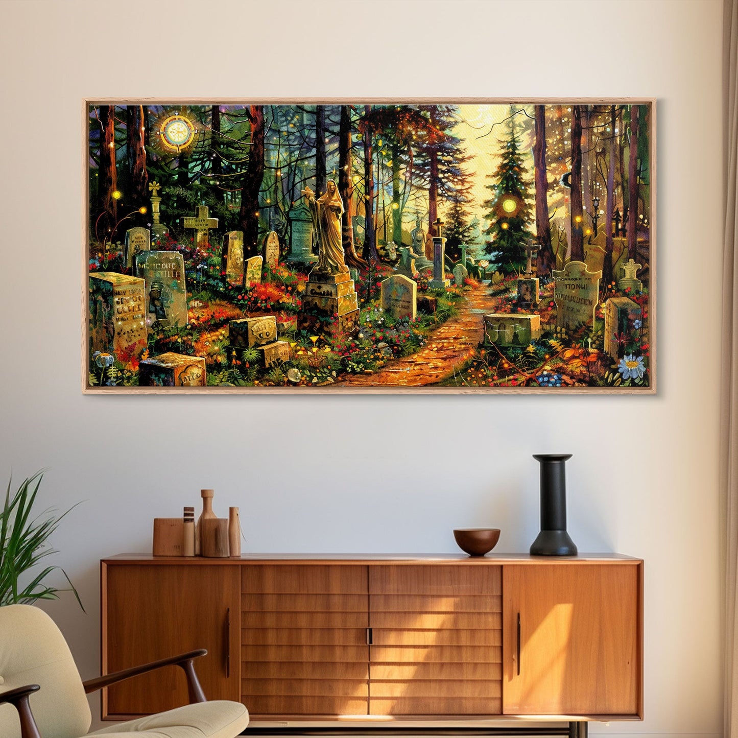 Colorful Haunted Grave Yard In The Spring Time, Framed Canvas Print, Spooky Wall Art, Halloween Spooky Season Decor