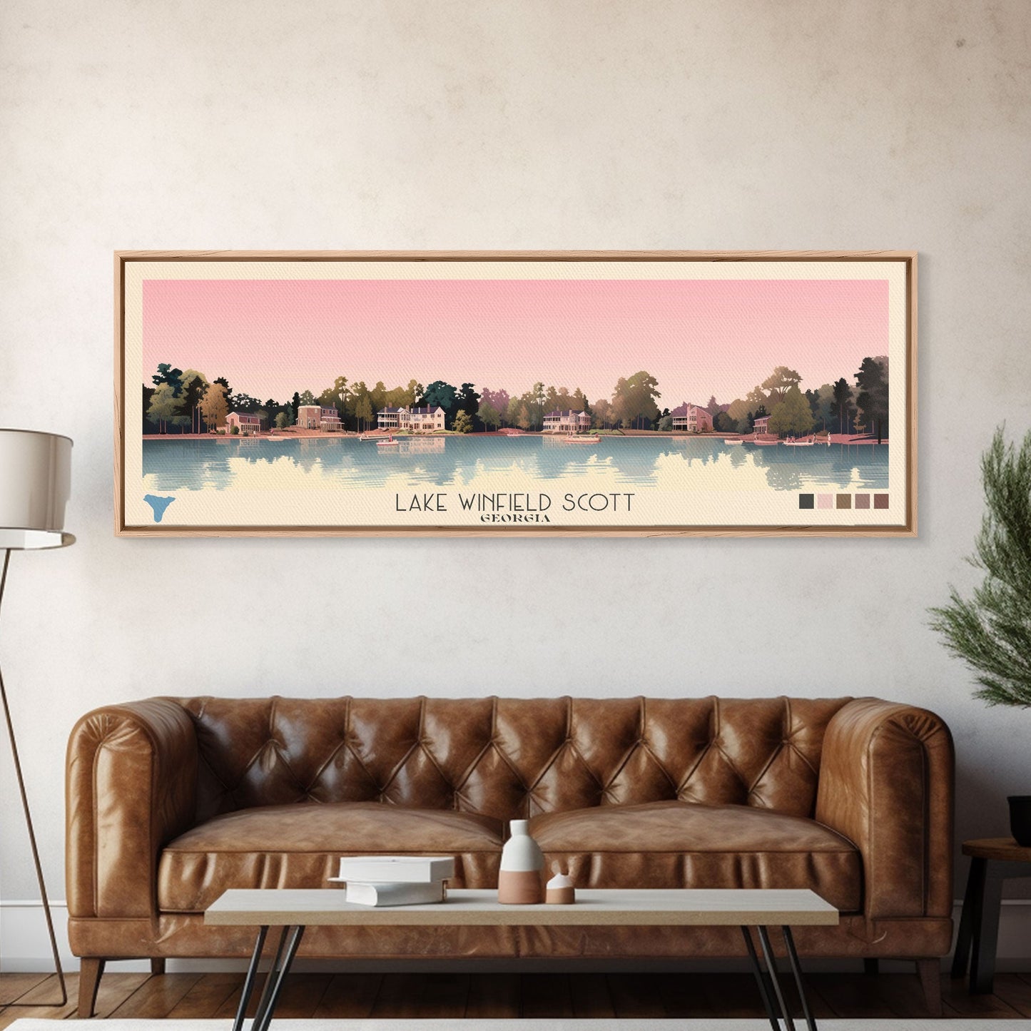 Lake Winfield Scott, Georgia Panoramic Wall Art Framed Canvas Print, Midcentury Modern, Pop Art, Home Decor, Travel Poster, Living Room Art