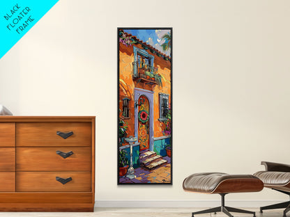 Spanish Inspired Acrylic Painting Framed and Printed on Canvas, Long and Narrow Vertical Art, Colorful Botanical Wall Art for Living Room