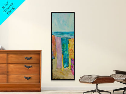 Colorful Laundry on Beach Landscape Art Print, Vertical Oversized Living Room Canvas Print Framed, Framed Wall Art for Laundry Room