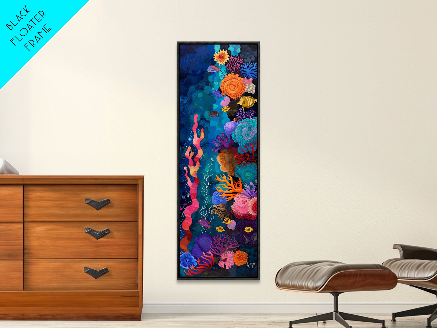 Colorful Underwater Art Print, Vibrant Wall Art Framed on Canvas, Black Light Poster, Fish Poster Art, Vertical Canvas Art, Living Room Art