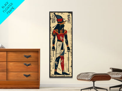 Egyptian Art Depiction of Horus - Framed Canvas Print, Midcentury Modern Wall Art, Skinny Art, Tall Art, Living Room Decor