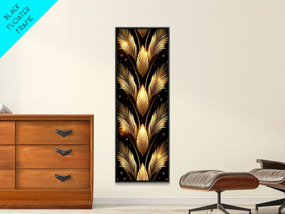 Gold Leaf Pattern on Black Background - Framed Canvas Print, Midcentury Modern Art, Skinny Art, Tall Art, Living Room Wall Decor, Minimalist Art