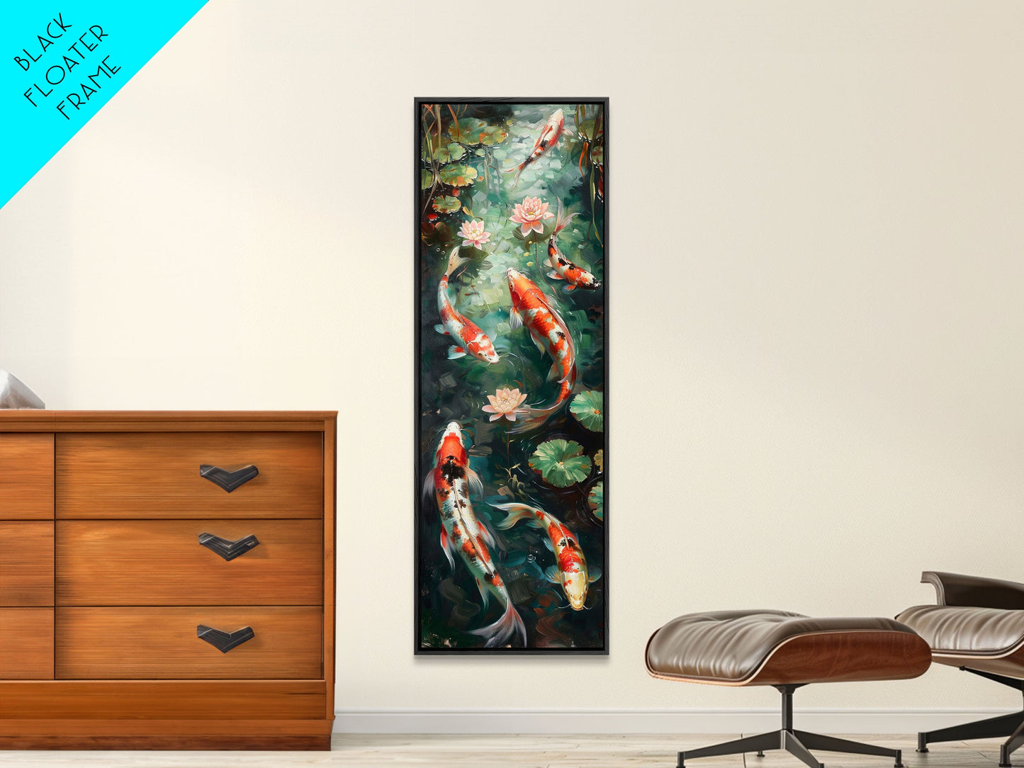 Mystic Forest Pond Koi Fish Boho Farmhouse Wall Art Framed Canvas Print Tall Art Japanese Style Art