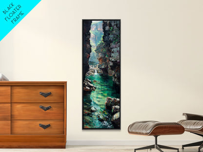 Serene Mountain River Gorge Scene Skinny Art Framed Canvas Print For Living Room Or Bedroom Wall Decor