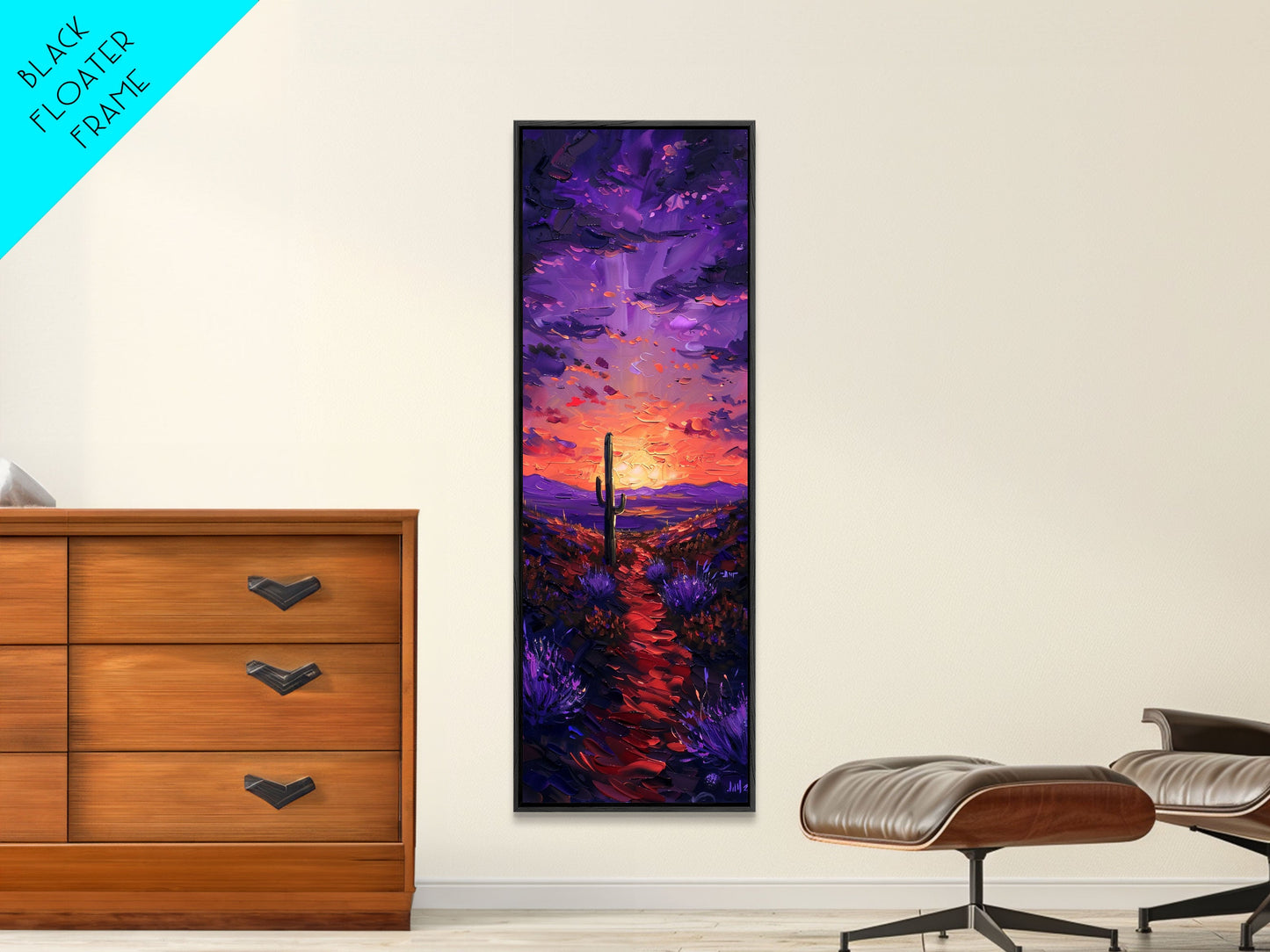 Colorful Sunset Over a Desert Landscape with a Saguaro Cactus and Dramatic Sky on a Framed Canvas Print Skinny Art Piece