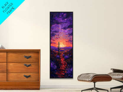Colorful Sunset Over a Desert Landscape with a Saguaro Cactus and Dramatic Sky on a Framed Canvas Print Skinny Art Piece