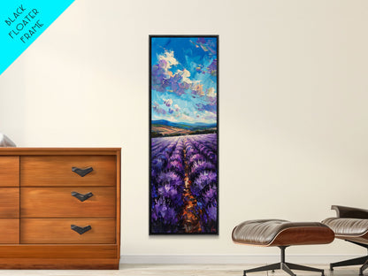 Framed Canvas Print of Wide Lavender Fields Under a Bright Sky Featuring Skinny Tall Art for Stunning Wall Decor in Home or Office