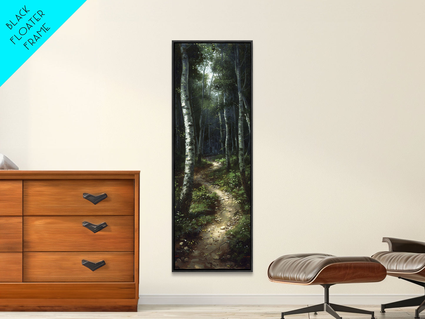 Mysterious Birch Forest Path Tall Skinny Art Framed Canvas Print for Serene and Calming Wall Decor in Homes or Offices