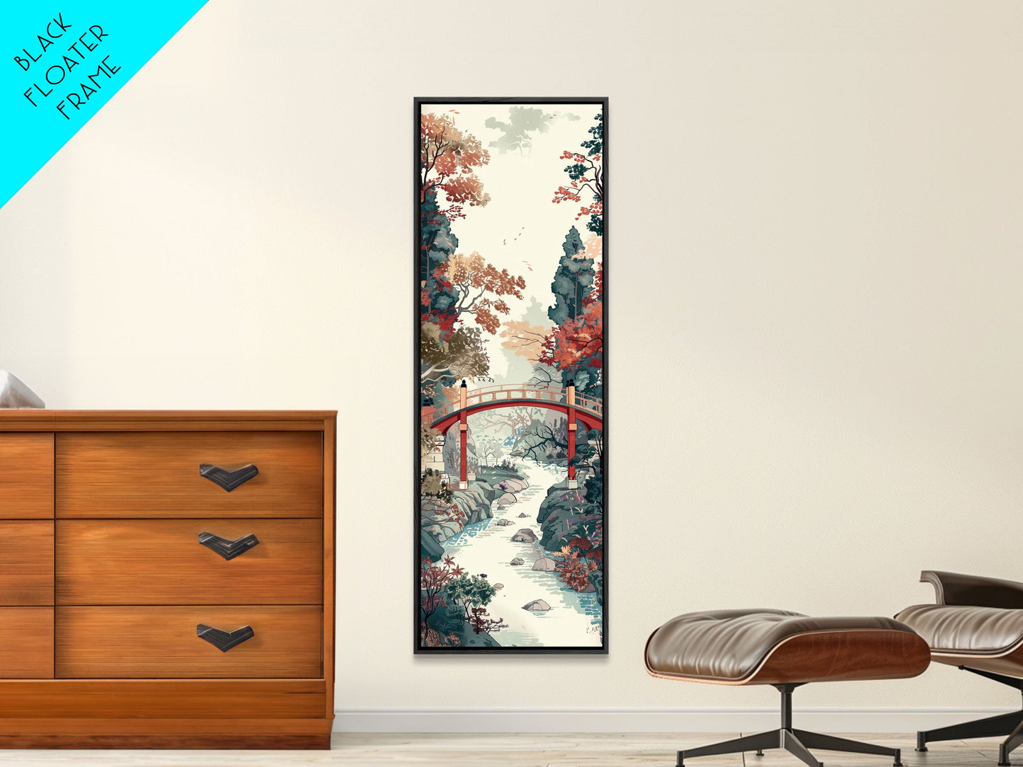 Traditional Japanese Skinny Art of Autumn Bridge in Serene Landscape with Fall Foliage – Framed Canvas Print
