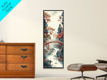 Traditional Japanese Skinny Art of Autumn Bridge in Serene Landscape with Fall Foliage – Framed Canvas Print