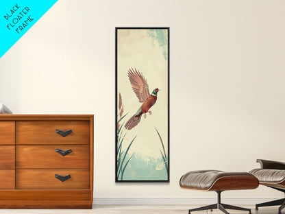 Japanese Skinny Art of Pheasant in Flight with Graceful Wings and Earthy Tones – Framed Canvas Print