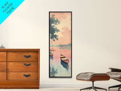 Serene Boat on Water, Autumn Trees, Japanese Art, Skinny Art, Tall Art, Framed Canvas Print, Ukiyo-e Style