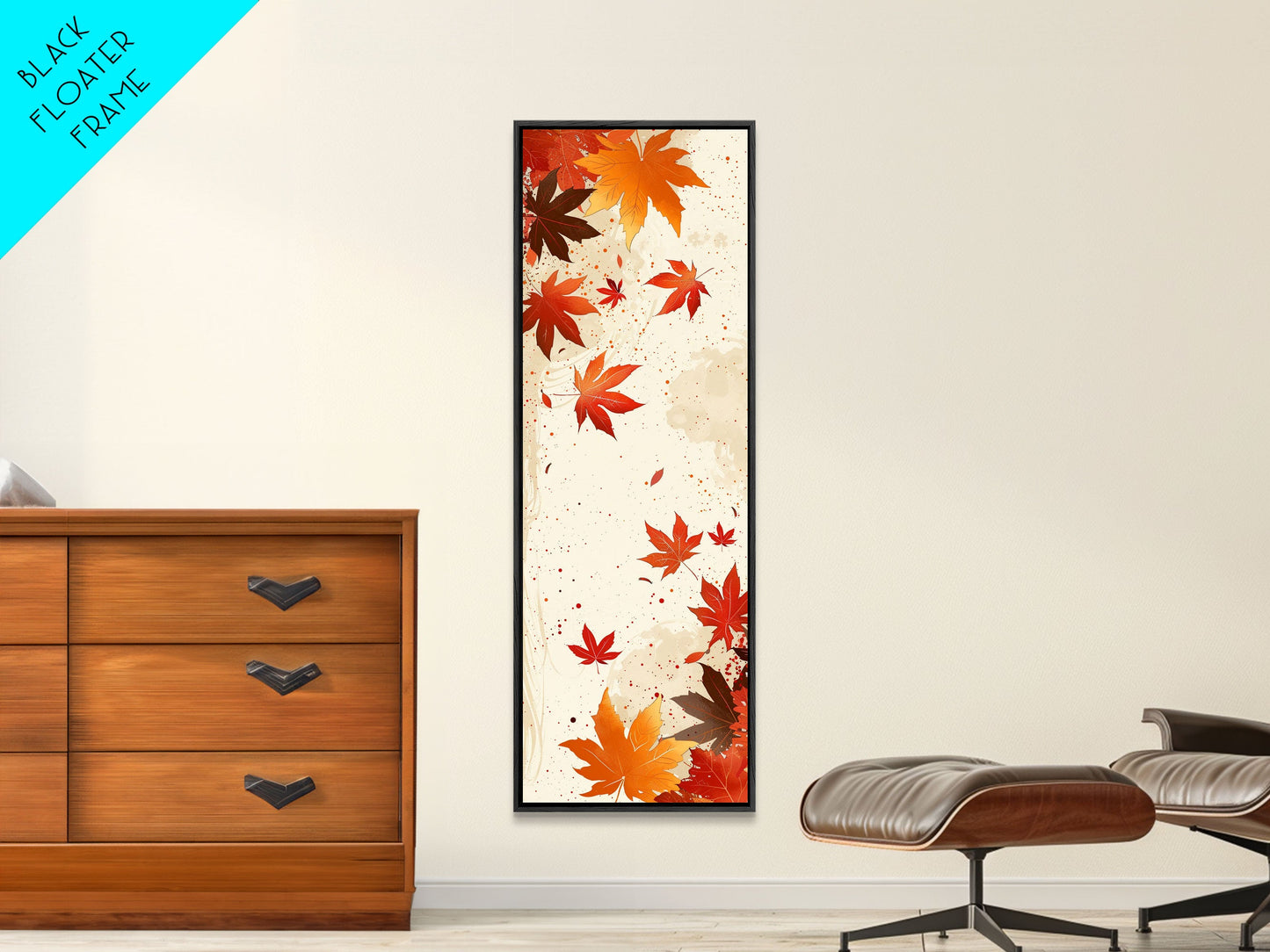 Skinny Art Autumn Leaves In Japanese Style Wood Block Print Warm Red And Orange Tones On Framed Canvas Print, Tall Art Ukiyo-e