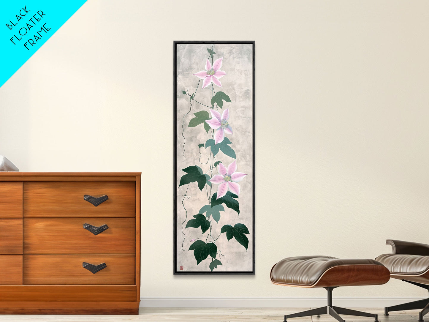 Skinny Art Clematis Vine In Japanese Style Wood Block Print Soft Pink Flowers On Framed Canvas Print, Tall Art Ukiyo-e
