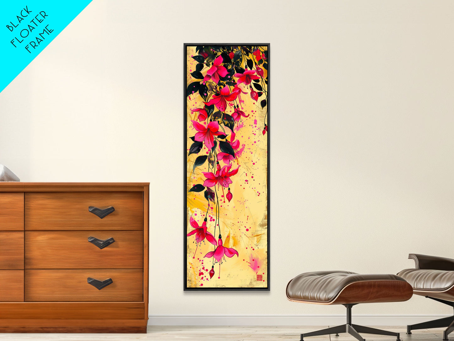 Skinny Art Tall Art Framed Canvas Print Bold Fuchsia Flowers In Dynamic Composition Over A Vibrant Yellow Background Ukiyo-e Japanese Style Art