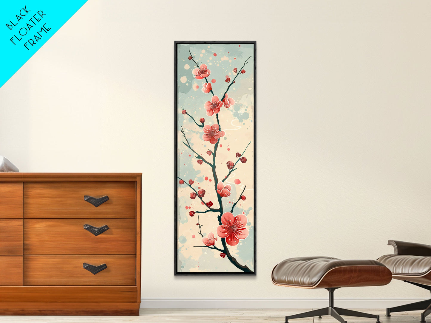 Peach Blossoms On Branch With Soft Pastel Background Tall Art Skinny Art Framed Canvas Print Japanese Style Art Ukiyo-e Wood Block Print