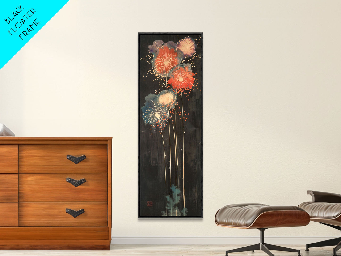 Colorful Fireworks Display Against A Dark Night Sky, Skinny Art Tall Wall Art Framed Canvas Print Japanese Style Art