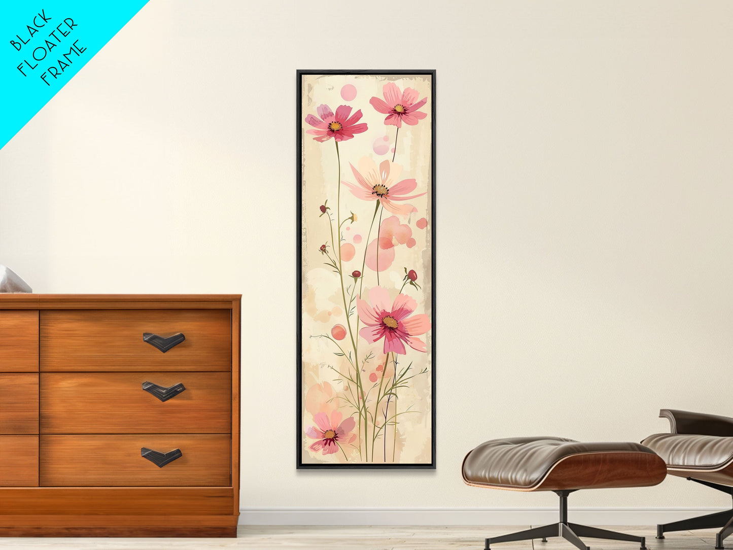 Delicate Pink Flowers with Tall Stems on a Subtle Beige Background Ukiyo-e Art Japanese Framed Canvas Print Skinny Tall Art