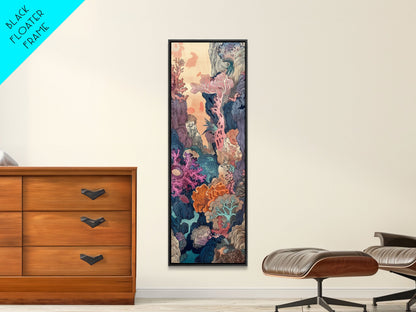 Framed Canvas Print Of A Coral Reef Scene Filled With Vibrant Marine Life, Skinny Art, Tall Art, Japanese Style Art, Ukiyo-e Art, Wood Block Print