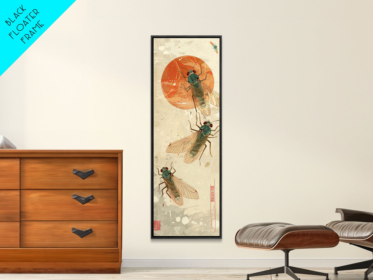 Detailed Depiction Of Cicadas Against Warm Sunset Background Ukiyo-e Skinny Tall Wood Block Framed Canvas Print Japanese Style Art