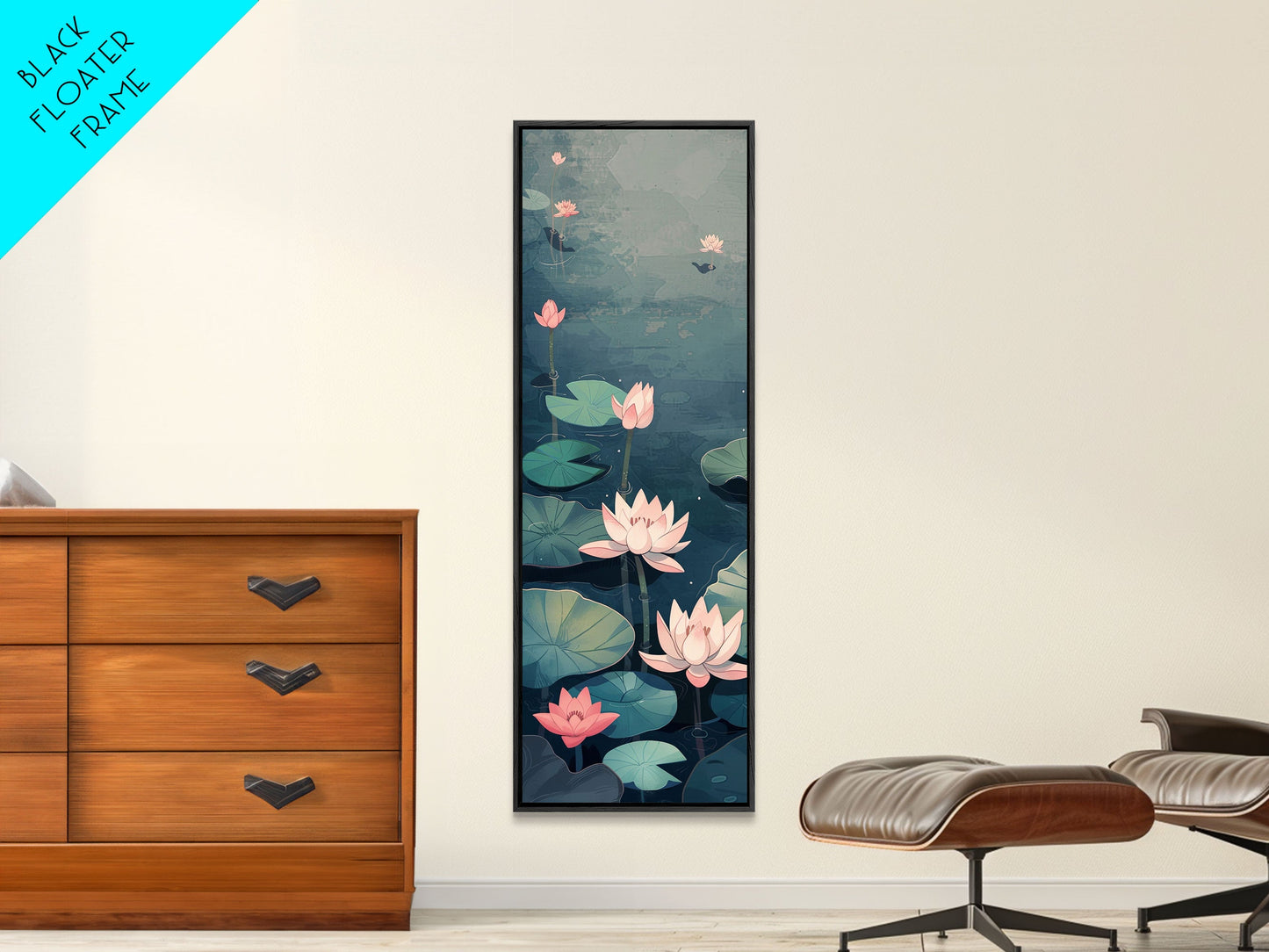 Calm Water Lilies Floating On Still Pond With Subtle Ripples Ukiyo-e Skinny Tall Wood Block Framed Canvas Print Japanese Style Art