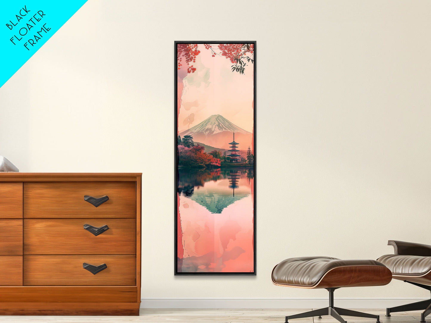 Skinny Art Tall Art Framed Canvas Print Japanese Style Art Mount Fuji Lake Reflection Red Maple Wood Block Print Ukiyo-e Feng Shui Wall Art
