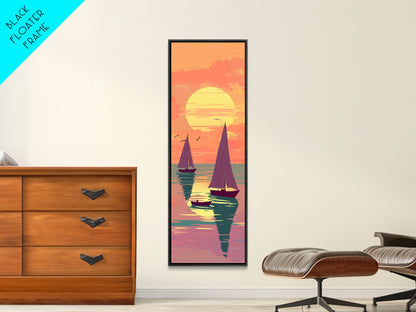 Sailing Boats In The Sunset Over Serene Waters In Japanese Style Ukiyo-e Art Framed Canvas Print Skinny Art Tall Art