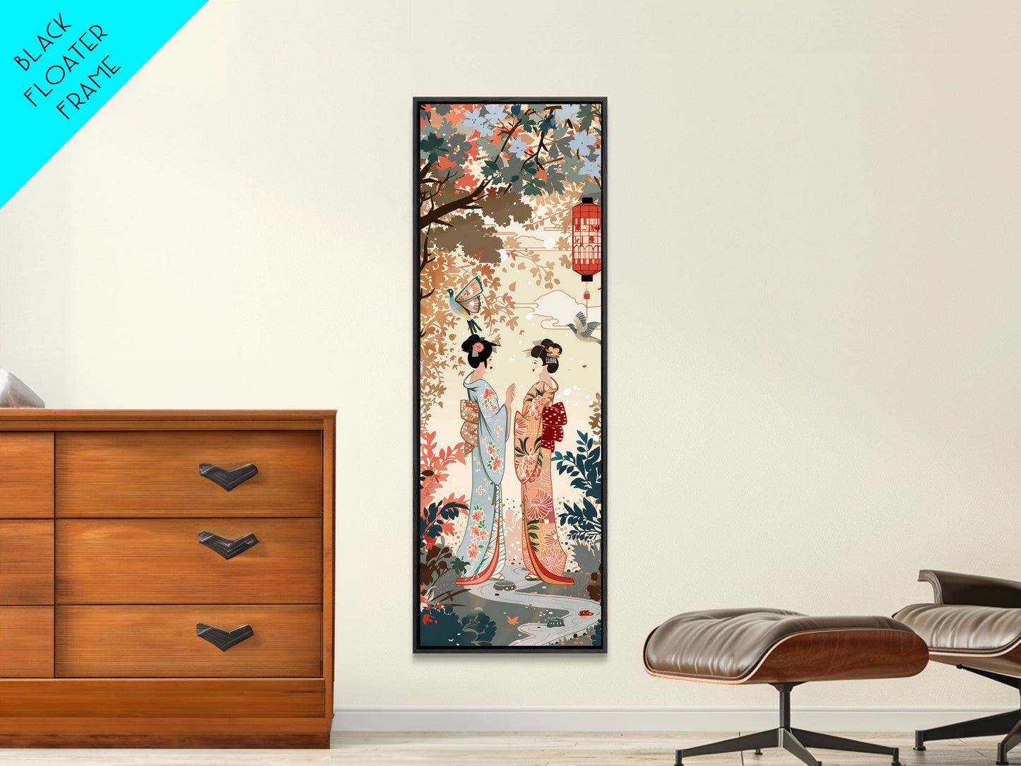 Traditional Geishas Skinny Art Tall Art Japanese Ukiyo-e Inspired Framed Canvas Print for Elegant Home and Office Decor