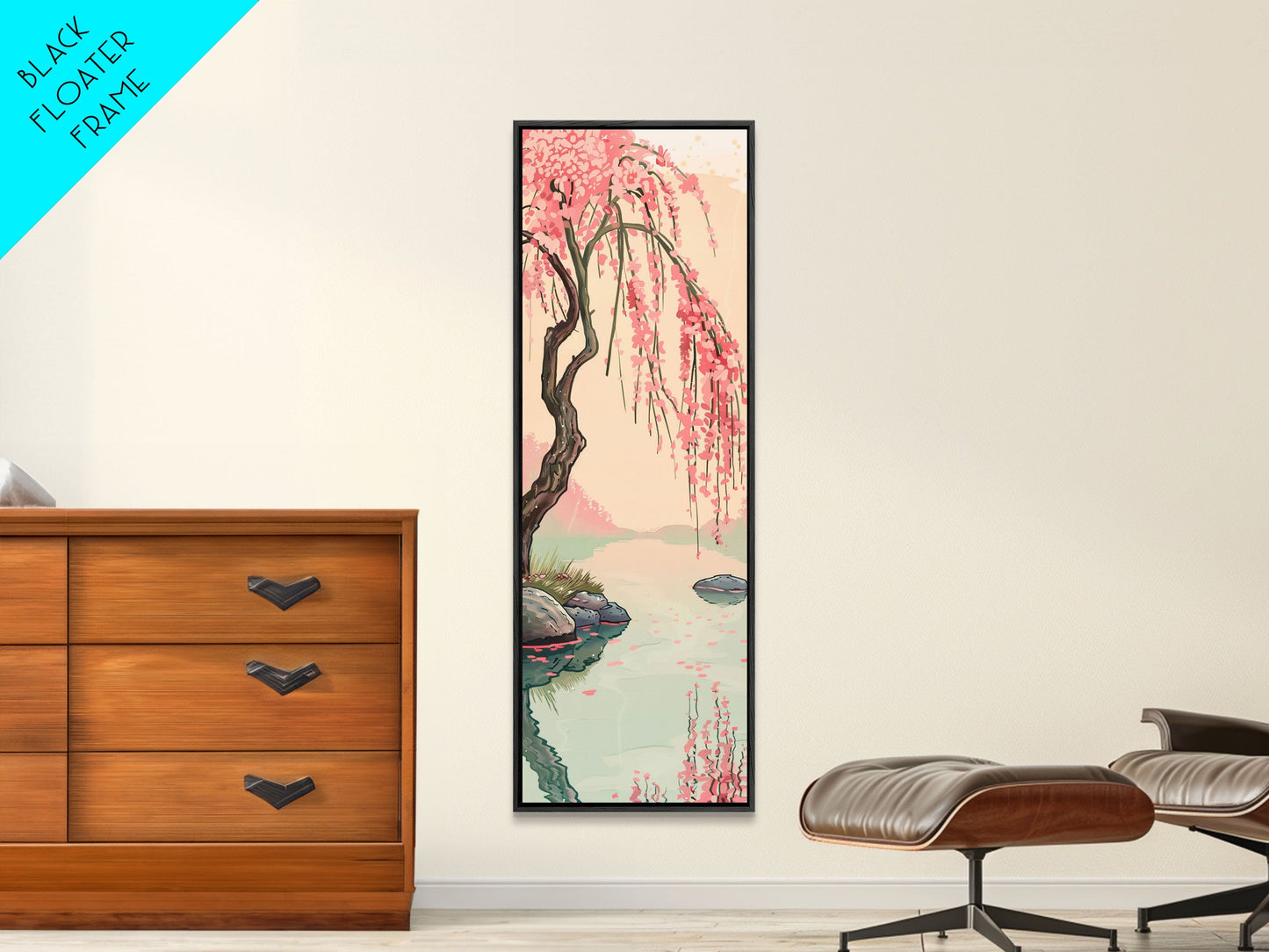 Serene Weeping Cherry Tree with Gentle Reflections in Water - Skinny Art, Japanese Wall Decor, Framed Canvas Print, Ukiyo-e Style