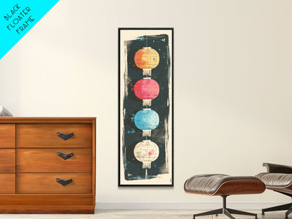 Colorful Lanterns Hanging in a Vertical Row with Abstract Background - Skinny Art, Japanese Wall Decor, Framed Canvas Print, Ukiyo-e Style