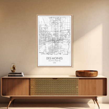 Des Moines Street Map, Iowa Map, City Map Art, Minimalist Art, Wall Art, Canvas Print, Girlfriend Gift, Travel Wall Art, Dorm Room Art