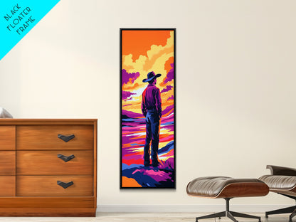 Colorful Sunset Cowboy Art Framed Canvas Print, Southwest Wall Art, Moody Art, Whimsical Art, Pink Orange Wall Art, Tall Narrow Art