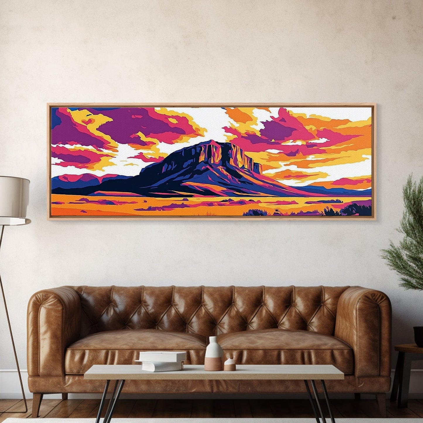 Colorful Desert Landscape, Joshua tree art, southwest wall art, pink orange wall art, extra wide art, panoramic painting, Framed Canvas Print