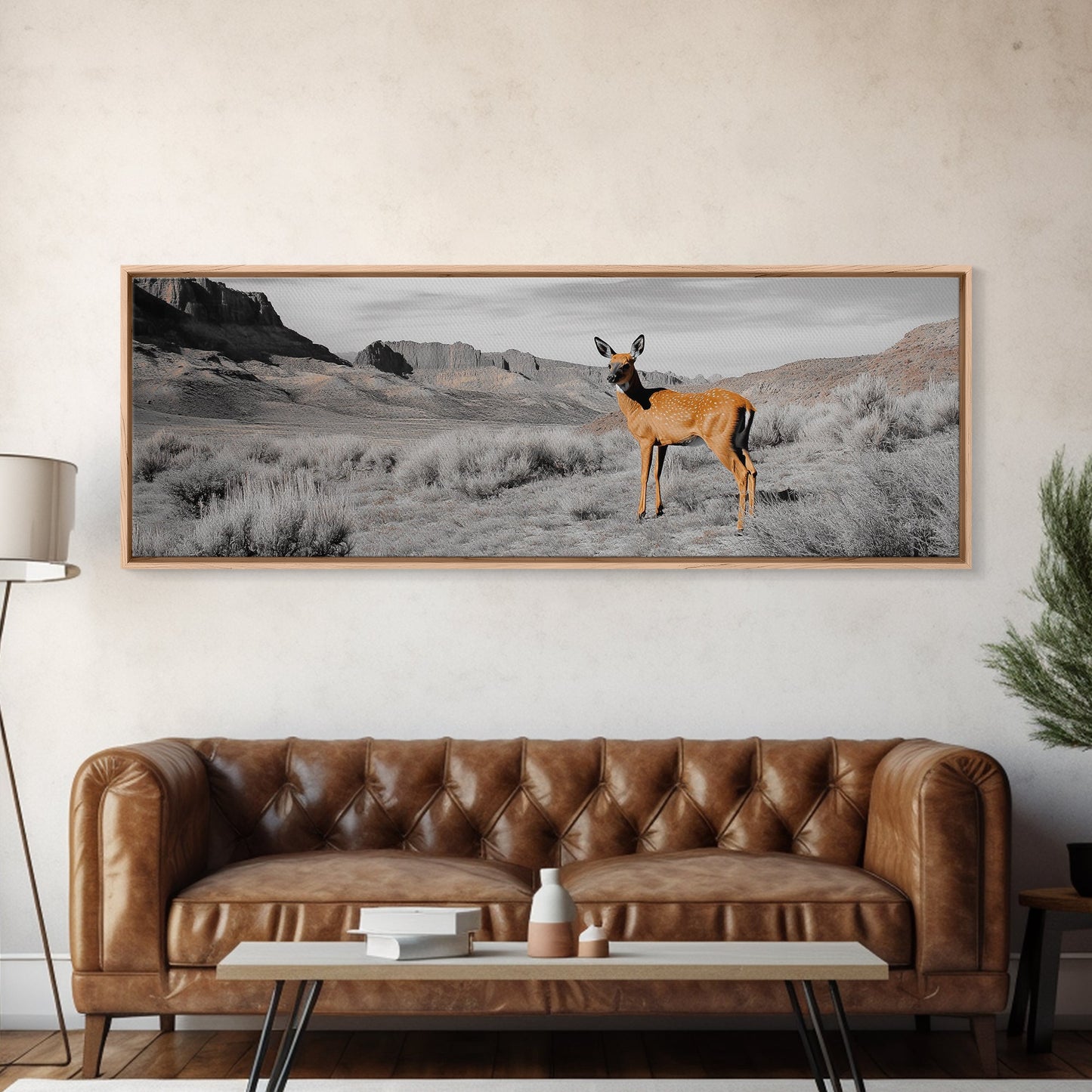 Desert Deer, Southwest Wall Art, Wildlife Painting, Rustic Wall Art, Nature Decor, Extra Wide Art, Horizontal Wall Art, Framed Canvas Print