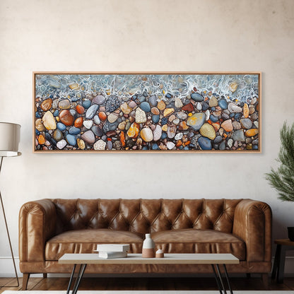 Coastal decor, ocean pebble art, beach rock painting, nautical wall art, seascape painting, long narrow wall art, canvas print