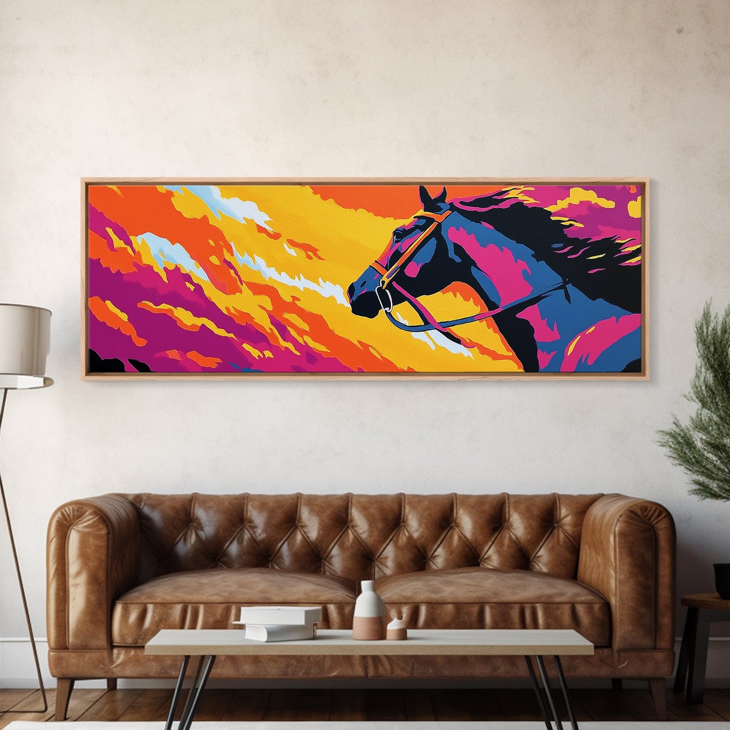 Horse silhouette, sunset, pink orange wall art, colorful equestrian, western art, extra wide art, framed canvas print, panoramic painting