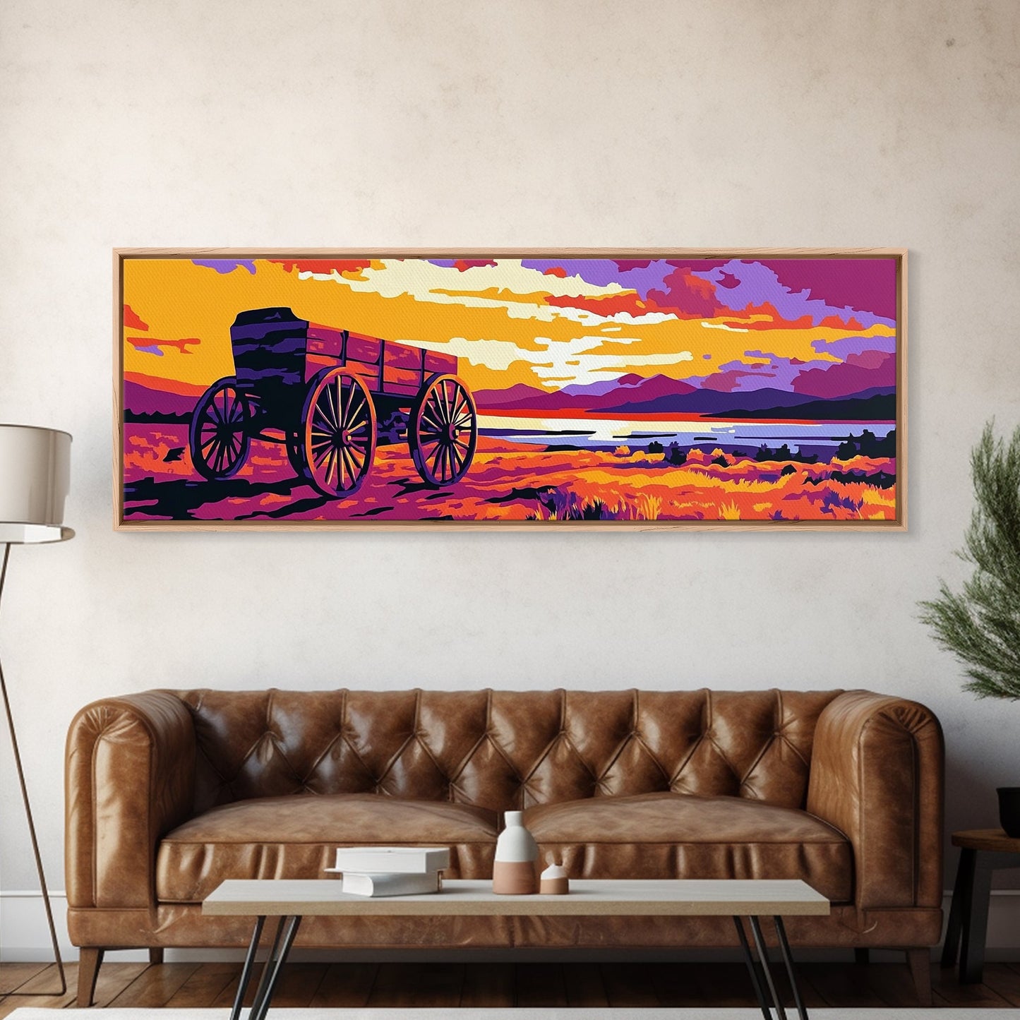 Seaside Wagon, nautical painting, coastal wall art, rustic beach decor, farmhouse art, extra wide panoramic art, framed canvas print