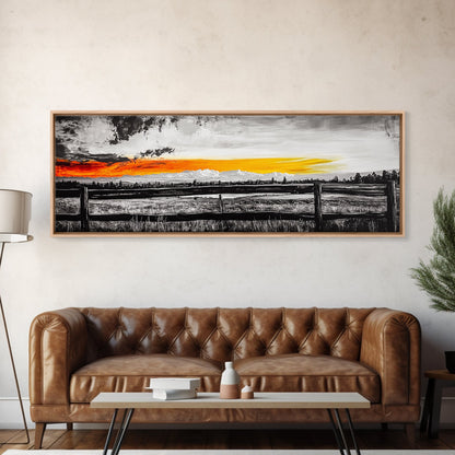 Fence at Sunset, moody landscape art, Joshua tree art, smoky mountain painting, dark romance art, extra wide art, framed canvas print