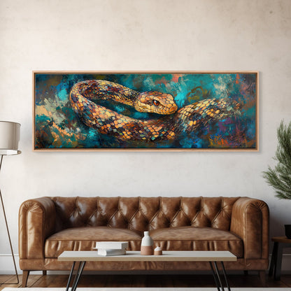 Coiled Serpent, moody art, snake painting, dark romance art, gothic decor, rustic wall art, panoramic wall art, framed canvas print