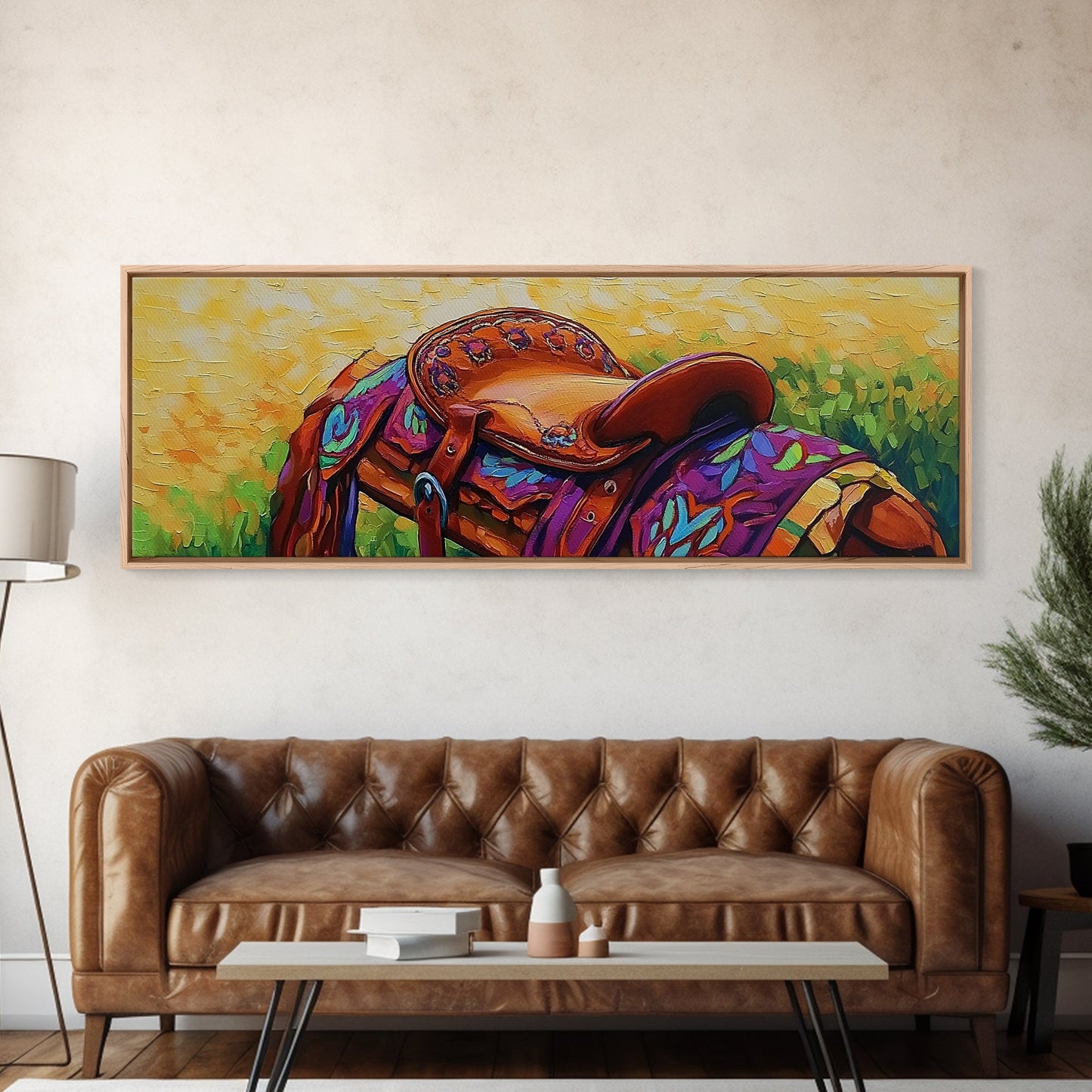 Colorful Saddle Painting, cowboy decor, vibrant rustic wall art, western style art, boho art, southwestern wall art, framed canvas print