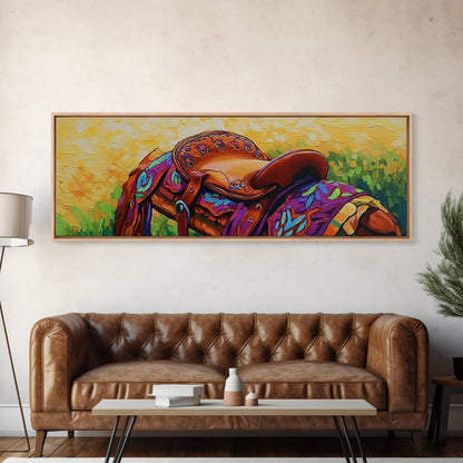Colorful Saddle Painting, cowboy decor, vibrant rustic wall art, western style art, boho art, southwestern wall art, framed canvas print