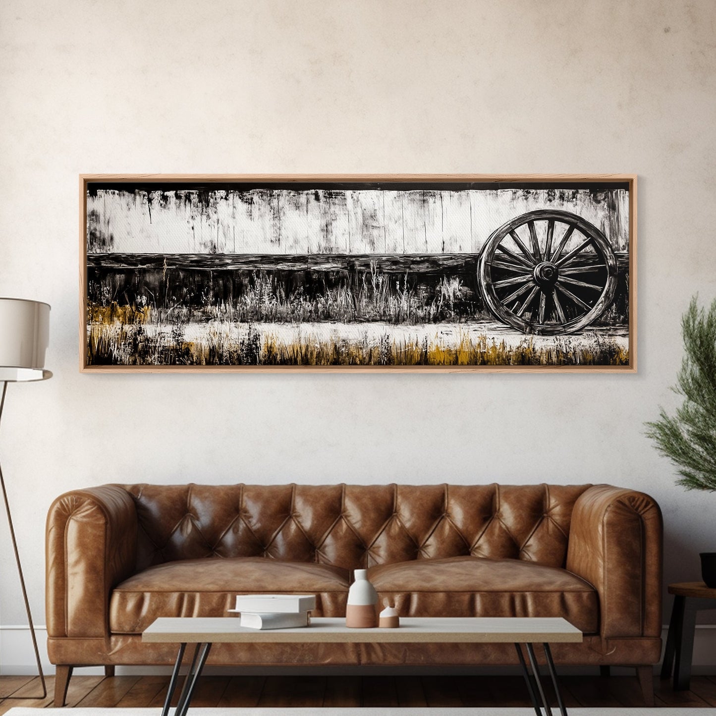 Wagon Wheel, barn landscape oil painting, black and white art, rustic decor, farmhouse art, extra wide art, Framed Canvas Print, moody art
